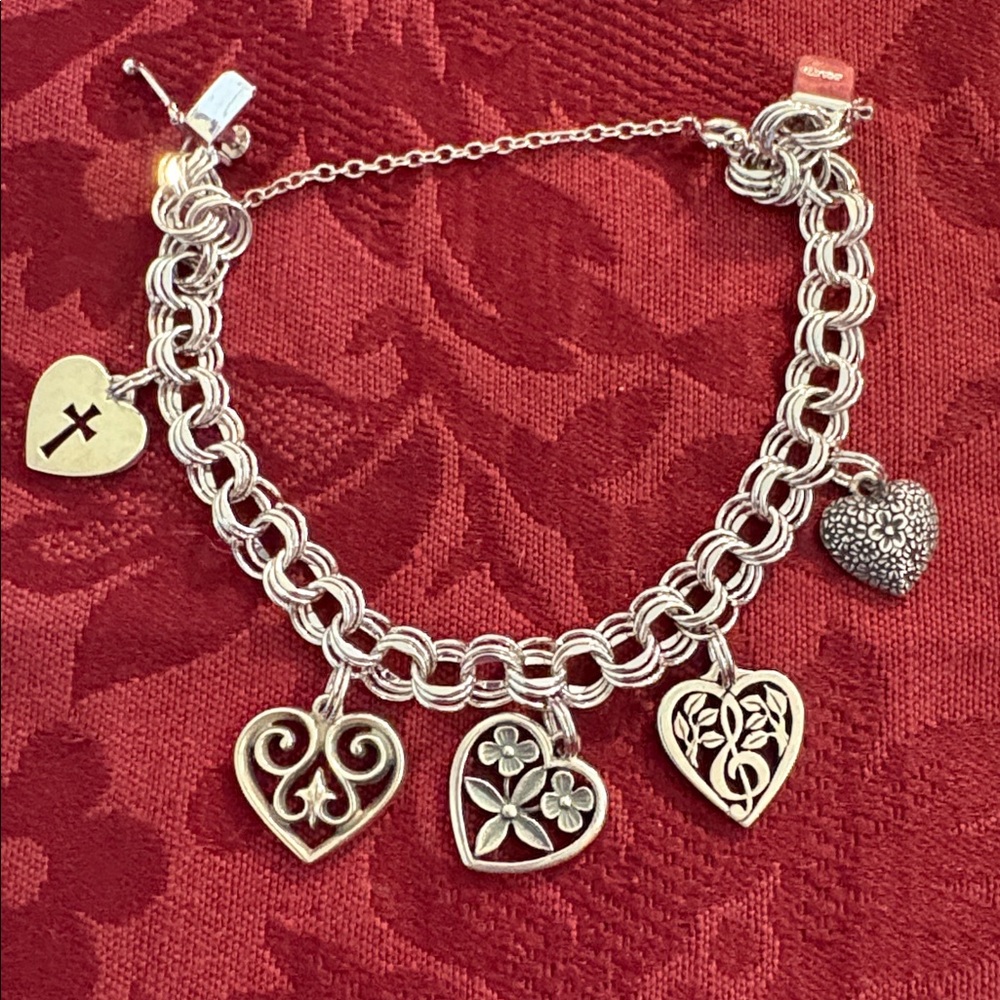 JAMES AVERY 5 RARE HEART CHARMS ON STERLING SILVER TRIPLE CURB BRACELET